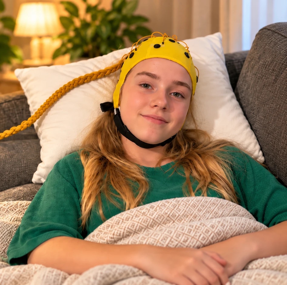 Uśmiechnięta nastolatka w czepku EEG leży na kanapie pod kocem - badanie EEG w czuwaniu w domu