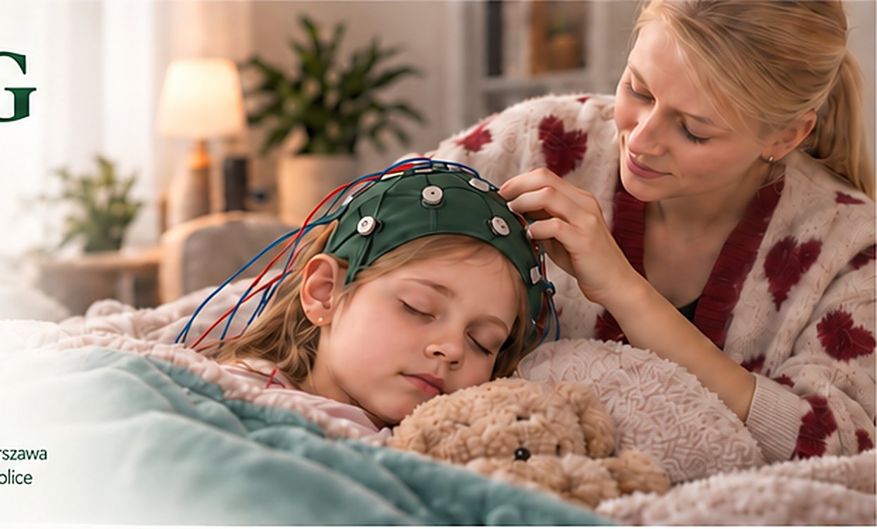 Dziecko zasypia we własnym łóżku w czepku EEG, obok mama - badanie EEG we śnie w domu